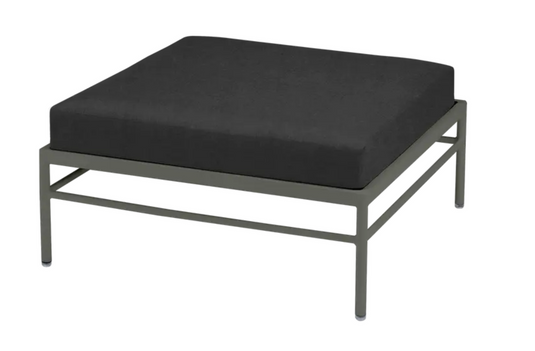Rosemary Night Grey Fermob Rivage Ottoman outdoor furniture with metal frame and cushioned top for patio relaxation.