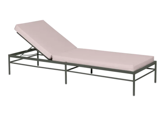 Fermob Rivage luxury metal sunlounger in Rosemary Papyrus Meadow Green, outdoor garden seating, modern design.