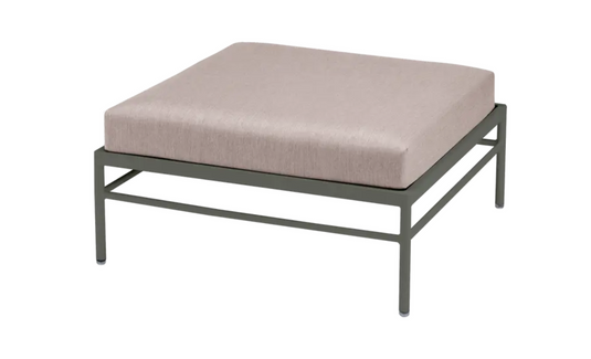 Fermob Rivage Ottoman outdoor furniture with a metal frame and rosemary papyrus finish, designed for stylish lounging.