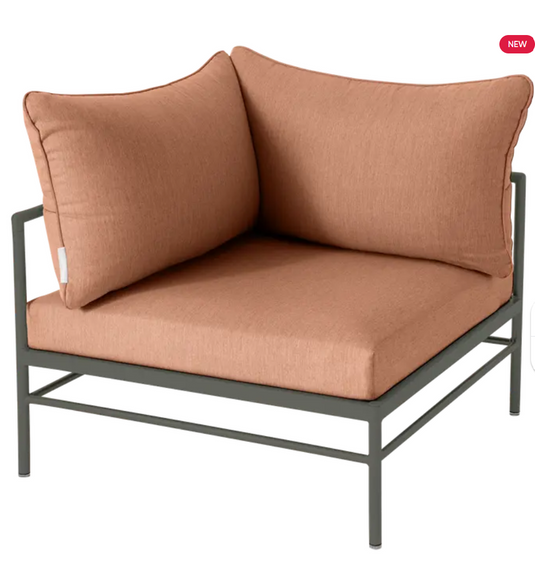 Rosemary peach Rivage corner outdoor armchair by Fermob, metal frame with plush cushion, part of Fermob's outdoor sofa collection.
