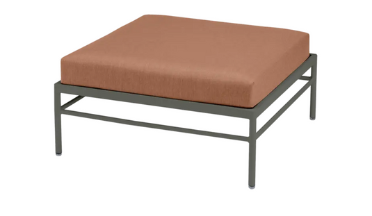 Rosemary Peach Rivage Ottoman outdoor furniture by Fermob, metal frame, lightweight aluminium lounge footstool for patio or garden.