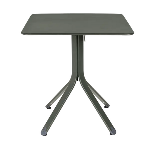 Fermob Rest'O folding outdoor table in metal with 71x71cm rosemary finish, shown folded with tabletop and legs visible.