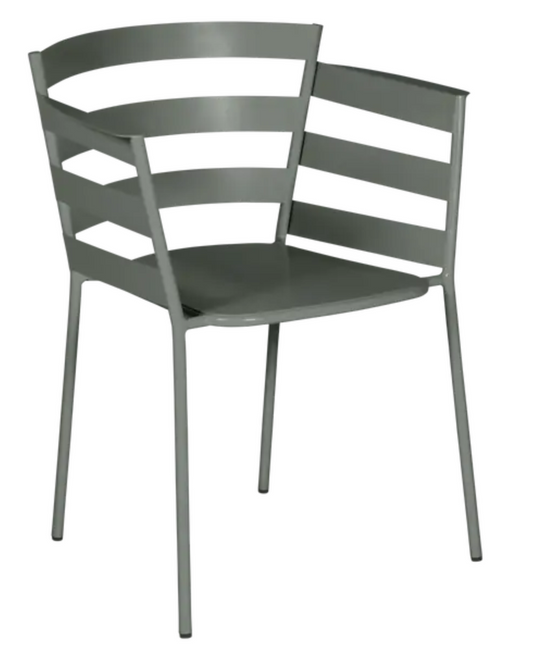 Fermob RYTHMIC outdoor armchair with a woven seat and colorful metal frame, designed for stylish outdoor seating.