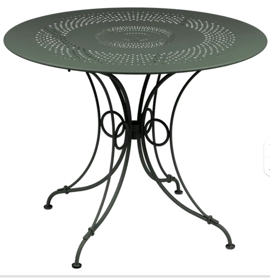 Fermob 1900 outdoor table with 96cm diameter, round metal table for garden or patio outdoor furniture.