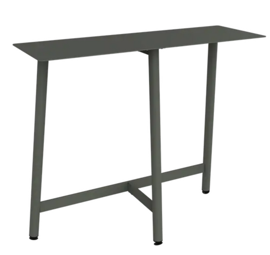 Fermob Bolder Counter bar table made of metal, featuring a sleek rosemary green finish, ideal for outdoor garden and restaurant settings.