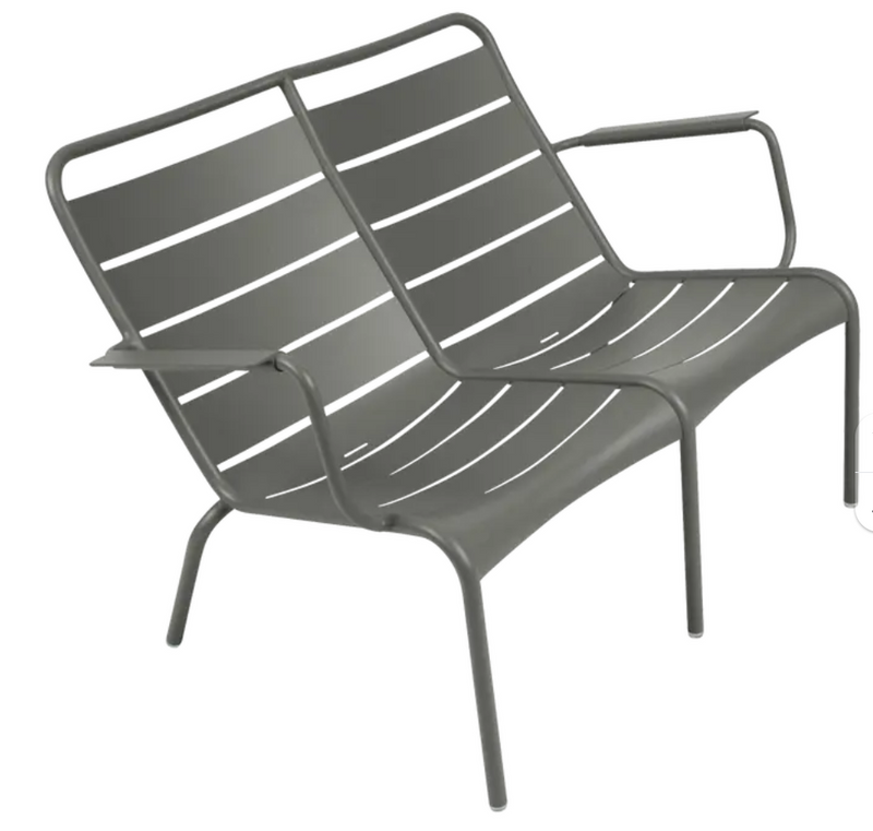 Load image into Gallery viewer, Fermob Luxembourg Duo Low Armchair and Fermb Kids Corner Contract Bench in natural wood finish, stylish outdoor furniture set
