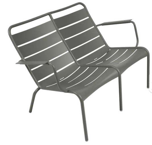 Fermob Luxembourg Duo Low Armchair and Fermb Kids Corner Contract Bench in natural wood finish, stylish outdoor furniture set