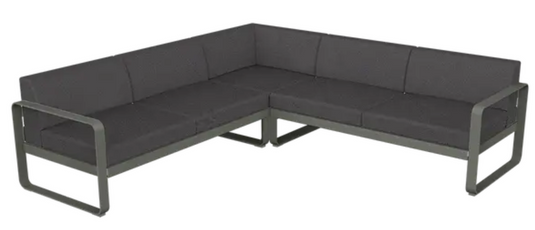 Fermob Bellevie Composition 2 outdoor lounge sofa set with graphite grey cushions and modular design, ideal for garden seating.