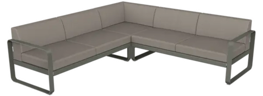 Fermob Bellevie outdoor lounge set with modular sofa in rosemary grey and taupe, featuring plush cushions and modern design