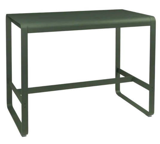 Fermob Bellevie high lounge table, 140x80 cm, outdoor metal furniture with a sleek, modern design and natural rosemary finish.