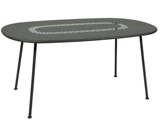 Fermob Lorette oval metal outdoor dining table, 160x90 cm, with sleek design and sturdy metal construction.