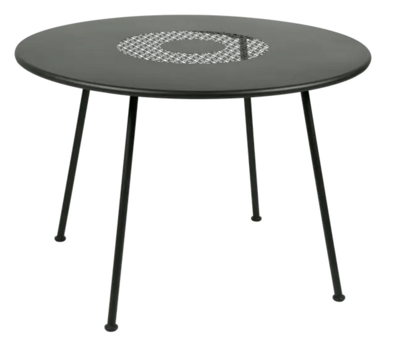 Load image into Gallery viewer, Fermob LORETTE round garden table with 110cm diameter, metal construction, fire-resistant finish, outdoor patio furniture.
