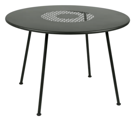 Fermob LORETTE round garden table with 110cm diameter, metal construction, fire-resistant finish, outdoor patio furniture.