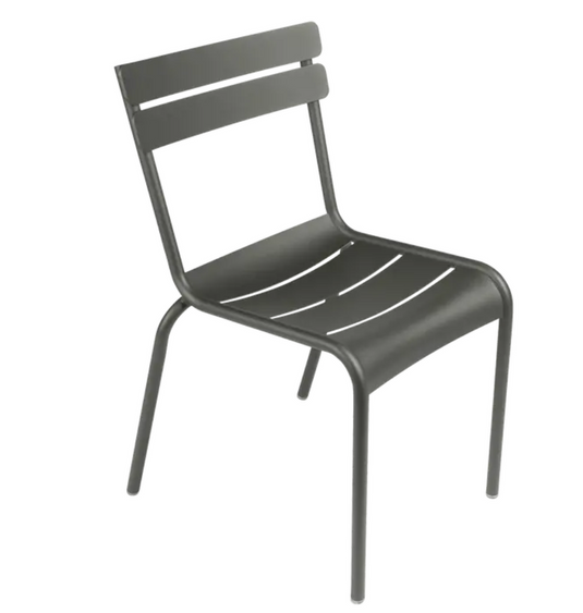 Rosemary Luxembourg Fermob armchair with a sleek metal design, stackable and suitable for outdoor or restaurant seating.