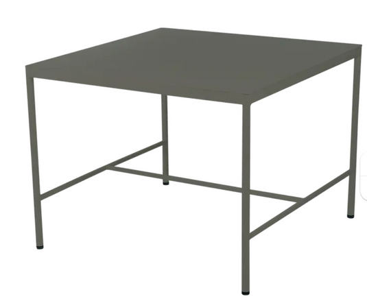 Fermob Rivage mid-height outdoor metal table in rosemary green, 85x85cm, suitable for garden or patio seating.