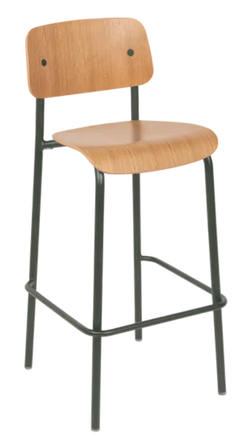 Oak Studie Bar Chair by Custom Wood Designs featuring a wooden frame, high seat, and a modern design in natural oak finish.