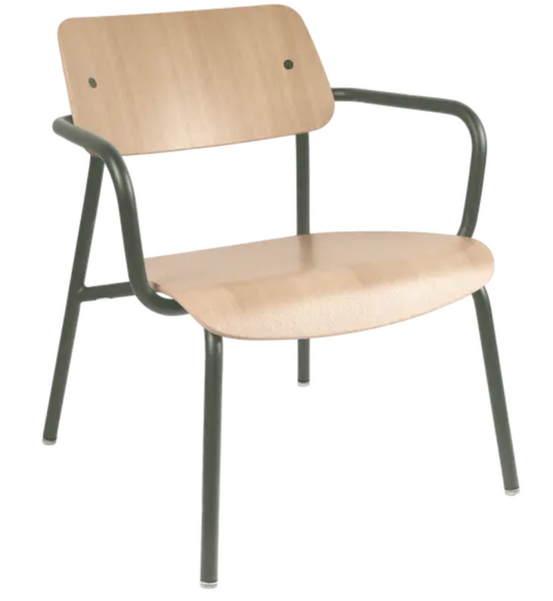 Load image into Gallery viewer, Rosemary Studie Oak Lounge Armchair by Fermob featuring a metal frame and wooden armrests, suitable for stylish office or lounge spaces.
