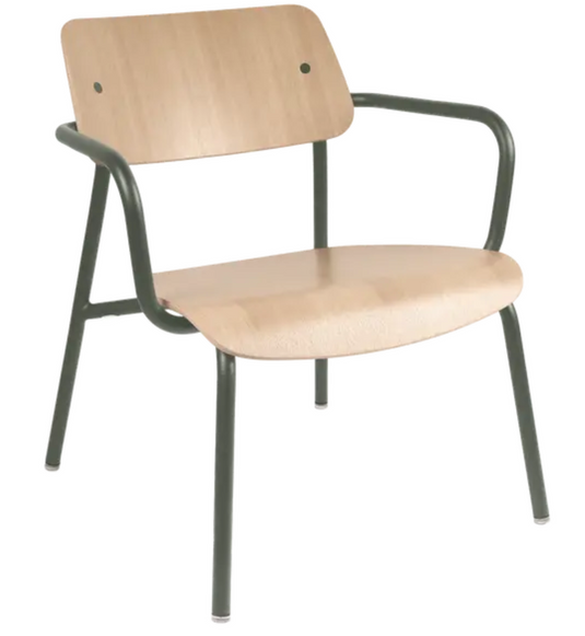 Rosemary Studie Oak Lounge Armchair by Fermob featuring a metal frame and wooden armrests, suitable for stylish office or lounge spaces.