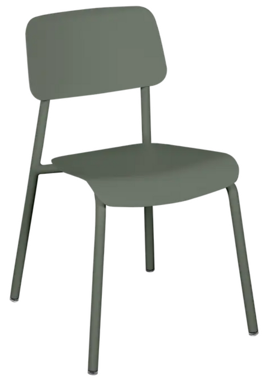 Fermob outdoor Studie Chair in vibrant rosemary green with a sleek, modern metal design for outdoor seating.