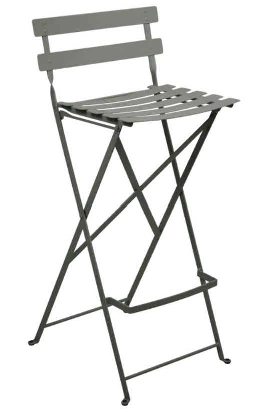 Rosemary green Fermob Bistro High Stool with foldable design, outdoor bar stool with muted grey finish, perfect for outdoor dining.