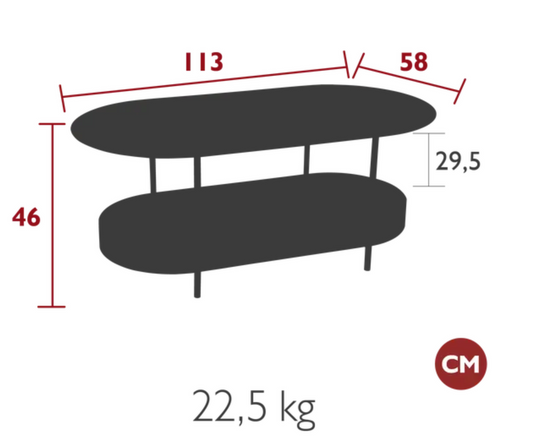 Fermob Salsa low table measuring 113 x 58cm with a sleek, modern design and smooth surface, ideal for outdoor or indoor use.
