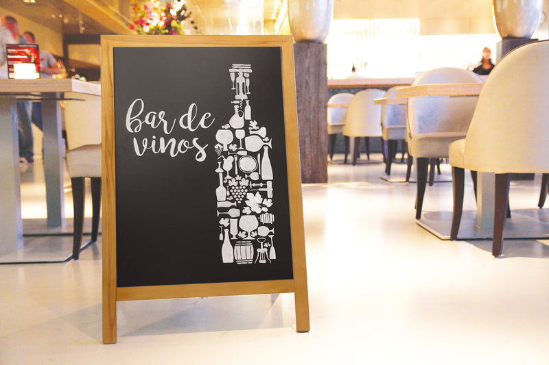 Load image into Gallery viewer, Securit Chalkboard Set - Deluxe Small Rubberwood Pavement Board in Teak 85 cm - Board + Waterproof Markers + Cleaner - in use
