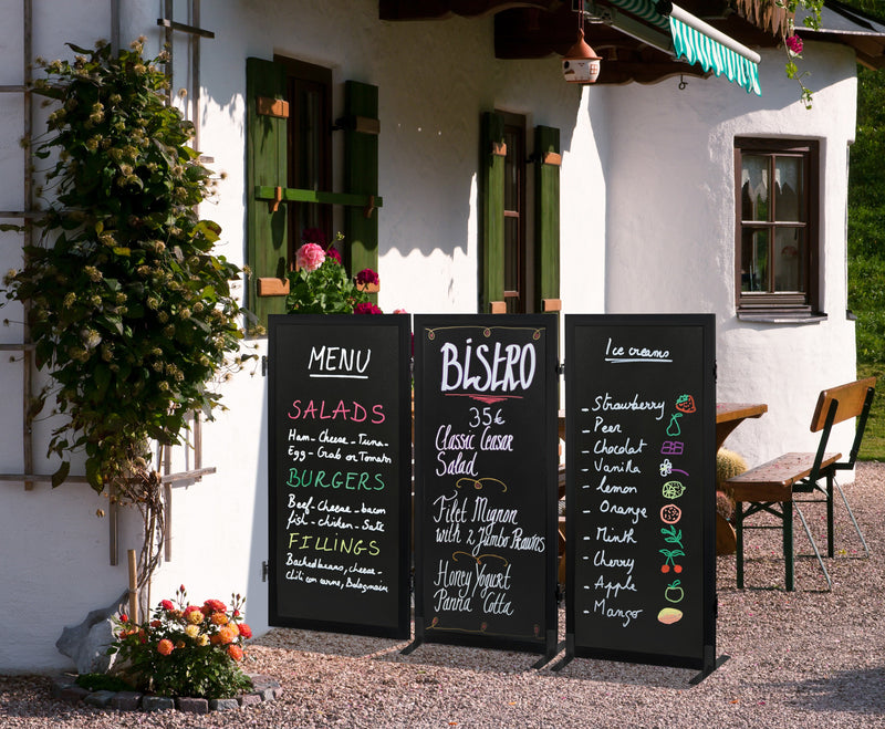Load image into Gallery viewer, Securit Chalkboard Set - Expandable Multiboard System in Black - Board + Waterproof Markers + Cleaner - in use
