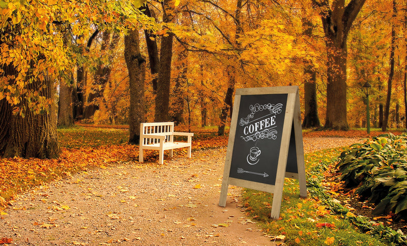 Load image into Gallery viewer, Securit Chalkboard Set - Nature Large Beechwood Pavement Board 135 cm - Board + Waterproof Markers + Cleaner - in use
