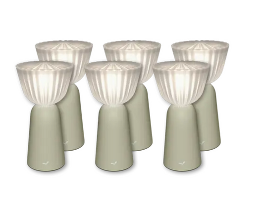 Set of six Fermob SWIING outdoor rechargeable lamps, 20cm high, with sleek modern design and ambient lighting.