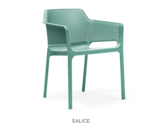 Nardi Net outdoor chair with woven seat and metal frame, ideal for patio or garden seating in a modern outdoor setting.