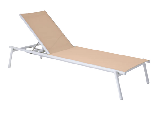 Fermob Pilotis V. Batyline® sunlounger in sand color with adjustable backrest, outdoor poolside furniture.