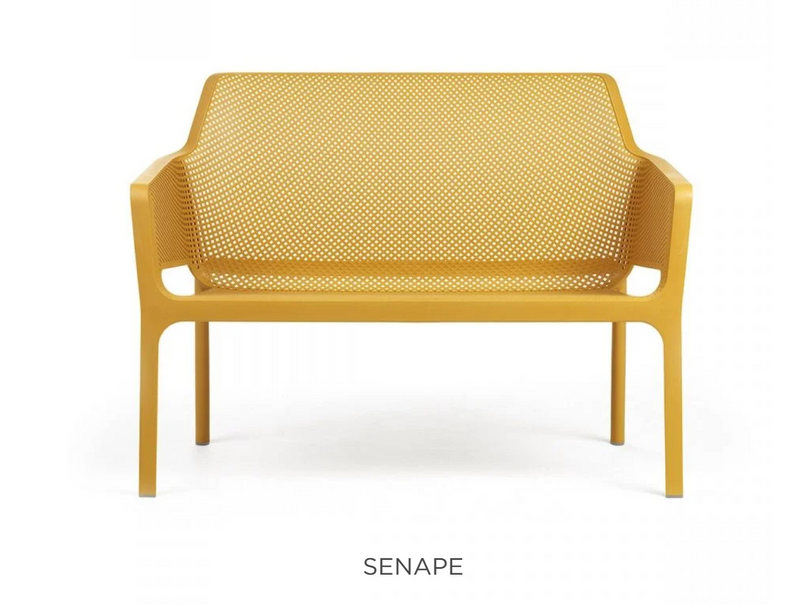 Load image into Gallery viewer, Nardi Net Bench Outdoor 2-Seater in senape yellow with woven net design and metal legs, suitable for garden or patio seating.
