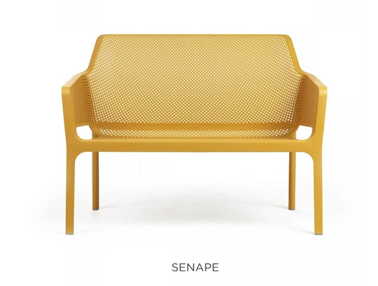 Nardi Net Bench Outdoor 2-Seater in senape yellow with woven net design and metal legs, suitable for garden or patio seating.