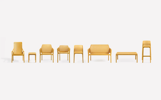 Nardi Net outdoor chair in senape yellow with a woven design, suitable for patio or garden seating.