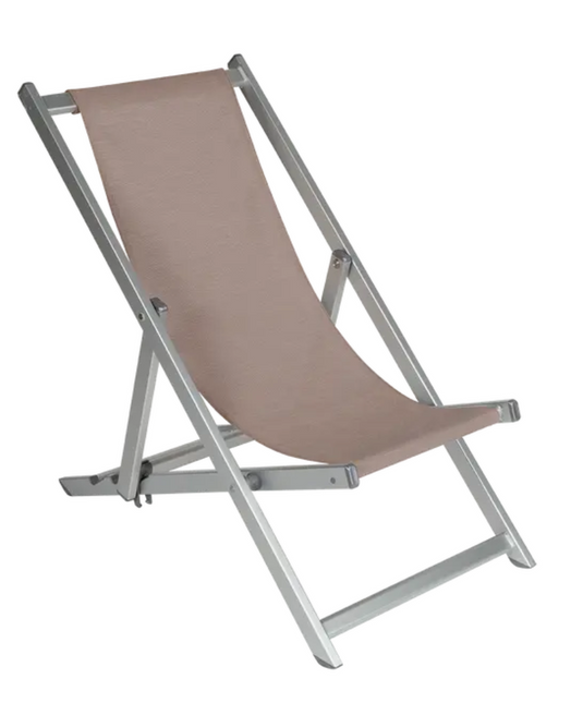 Fermob ALPINA folding deck chair in silver-gray fabric with a sturdy metal frame, ideal for outdoor seating and relaxation.