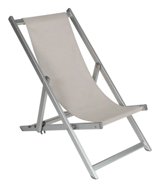 Fermob ALPINA silver folding deck chair in outdoor setting, showcasing a stylish, foldable outdoor folding chair with a sleek design.