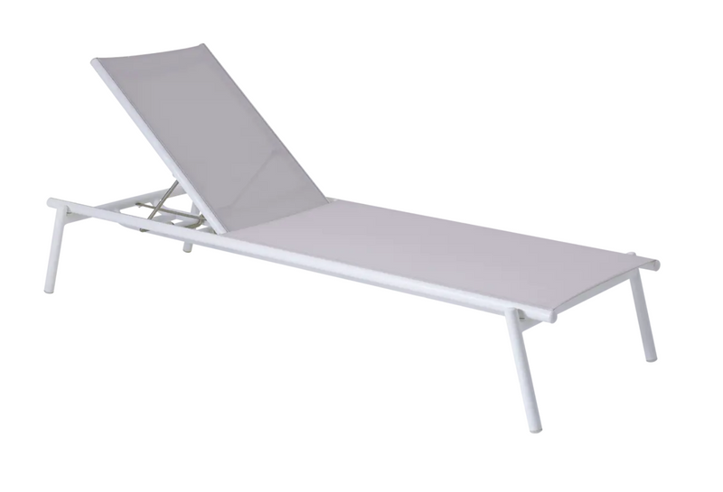 Load image into Gallery viewer, Fermob Pilotis V. Batyline® sunlounger with silver-grey frame, outdoor poolside furniture with adjustable backrest and fabric seat
