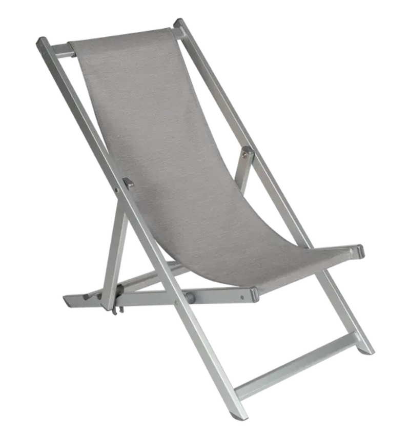 Load image into Gallery viewer, Silver Fermob ALPINA foldable deck chair with a sleek design, perfect for outdoor relaxation and easy to carry.
