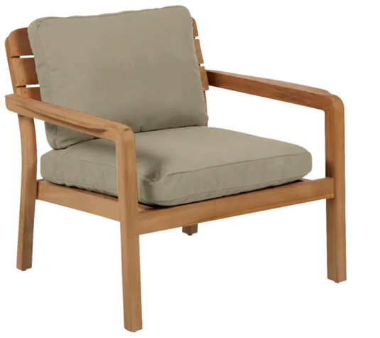 Lodge Fermob outdoor teak armchair with low arms and sisal brown cushions, designed for hotel terrace seating.