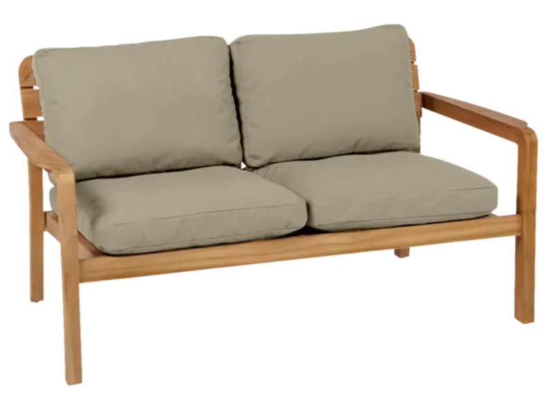 Load image into Gallery viewer, Vlaemynck Lodge solid teak 2-seater outdoor sofa with sisal brown cushions, designed for outdoor hospitality spaces.
