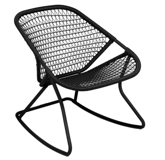 Fermob Sixties outdoor metal rocking chair with a vibrant yellow finish, showcasing a vintage-inspired design and curved armrests.