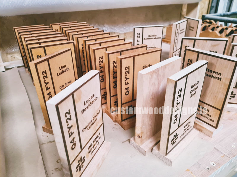 Load image into Gallery viewer, Custom wood awards by Custom Wood Designs, showcasing handcrafted wooden awards for corporate recognition and special achievements.
