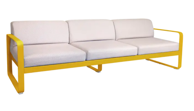 Load image into Gallery viewer, Fermob Bellevie 3-seater outdoor sofa with smooth honey pearl metal frame, stylish outdoor furniture for patio or garden.

