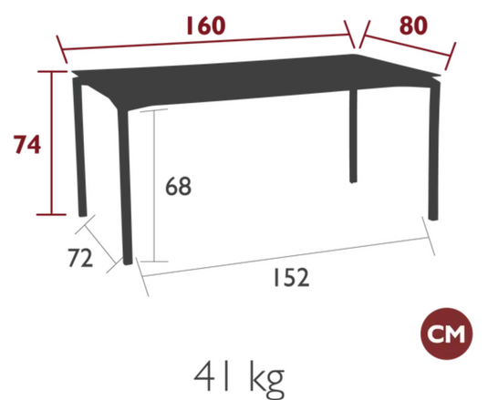 Fermob CALVI Creta Mineral dining table in grey, 160x80 cm, six-seater with modern design, suitable for indoor or outdoor dining.