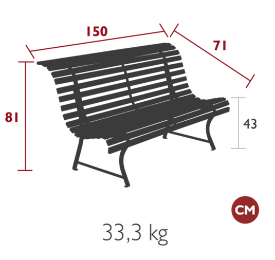 Louisiane 150cm outdoor folding bench by Fermob with steel frame, suitable for outdoor and commercial use, in vibrant color.