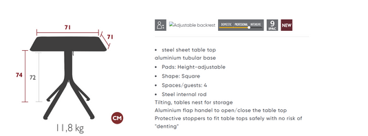 Fermob Rest'O folding outdoor table in metal with 71x71cm square tabletop, ideal for patio or garden use.