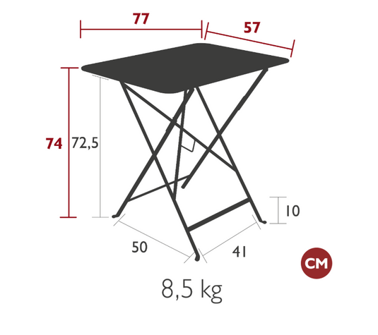 Fermob foldable bistro table measuring 77 x 57 cm, made of metal with a sleek outdoor design and foldable feature.