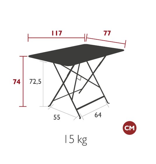 Fermob foldable bistro table measuring 117 x 77 cm with outdoor metal design, ideal for compact outdoor dining and patio use.