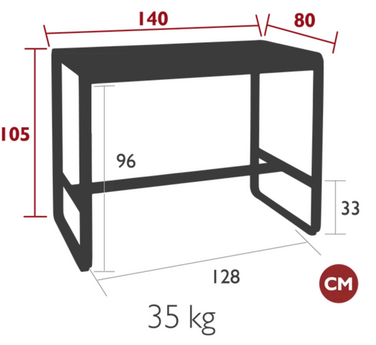 Fermob Bellevie high lounge table measuring 140x80 cm, outdoor metal furniture with a sleek design and sturdy construction.