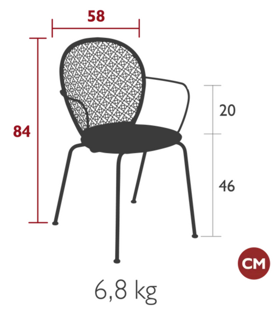 Fermob Lorette outdoor metal armchair with a curved backrest and armrests, designed for garden or patio seating.